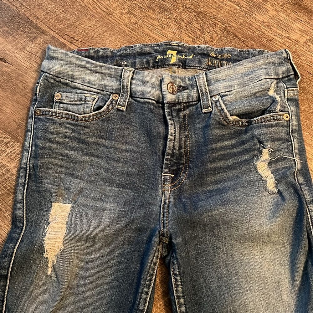 7 For All Mankind The Ankle Skinny Jeans 26 Distressed Raw Hem Stretch Denim - Picture 8 of 12